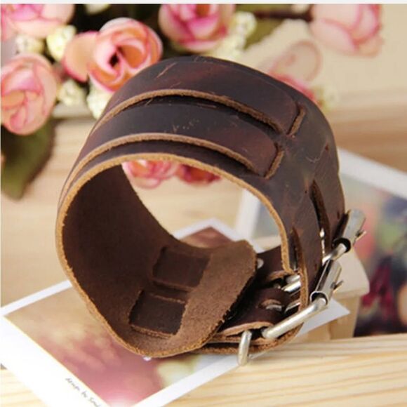 Men's Wide Leather Belt Strap Buckle Adjustable Cuff Bangle Wristband Bracelet - Picture 6 of 9